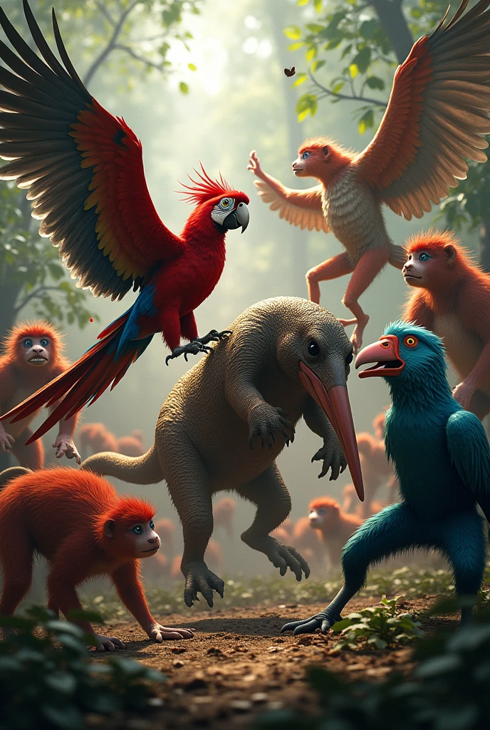 Burgundy macaw and a pelican and an armadillo and a troupial Fighting against red monkeys 