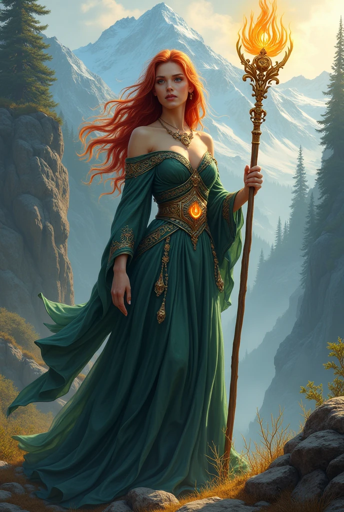 holding a magical greatstaff, 1girl, (medium shot:1.4), european, caucasian, long hair, hair in motion, wind-swept hair, wind-blown hair, twilight blue, sparkling silver, galaxy purple, black velvet, standing, hands on hips, hands on waist, (enchanted sorceress robes:1.3), (glowing necklace medallion:1.3), golden glowing jeweled circlet, intricate stitchwork, ornate patterns, elegant, (noon, sun, sunshine, blue sky:1.25), fcDetailPortrait, (masterpiece:1.2), soft lighting, subsurface scattering, heavy shadow, (high quality:1.4), golden ratio, (intricate, high detail:1.2), soft focus, in a forest canyon, epic view, grand scenery, coniferous montane forests, tall trees, (mountainous glaciers:1.2), redhead, stoic, battleweary, determined, (glowing blue eyes:1.5),