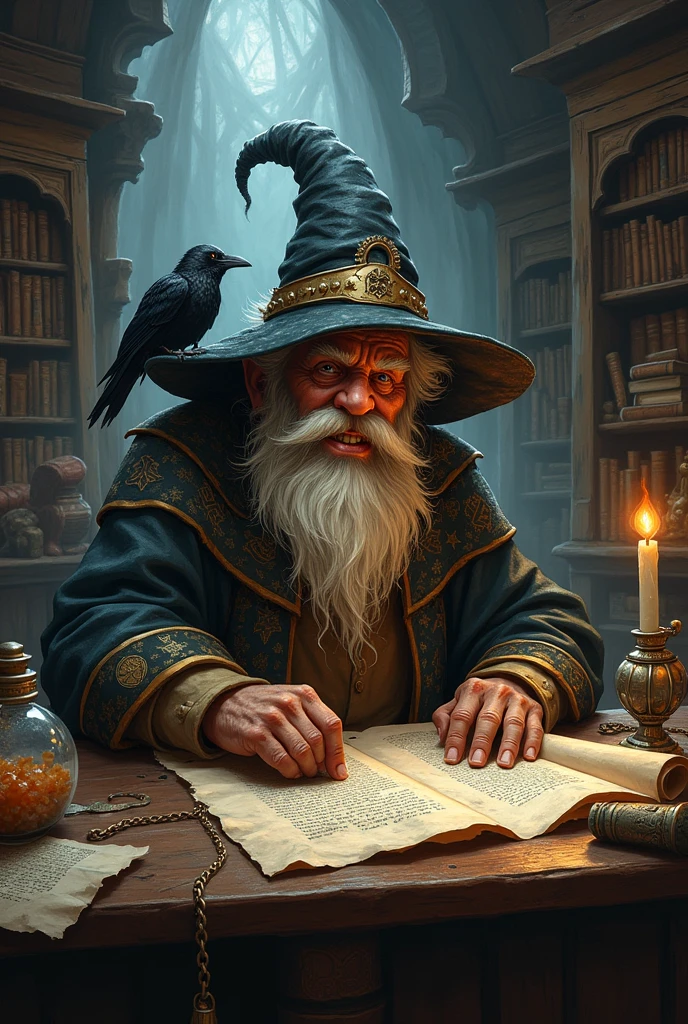 Old dwarf magician funny necromancer bearded and crazy surrounded by scrolls