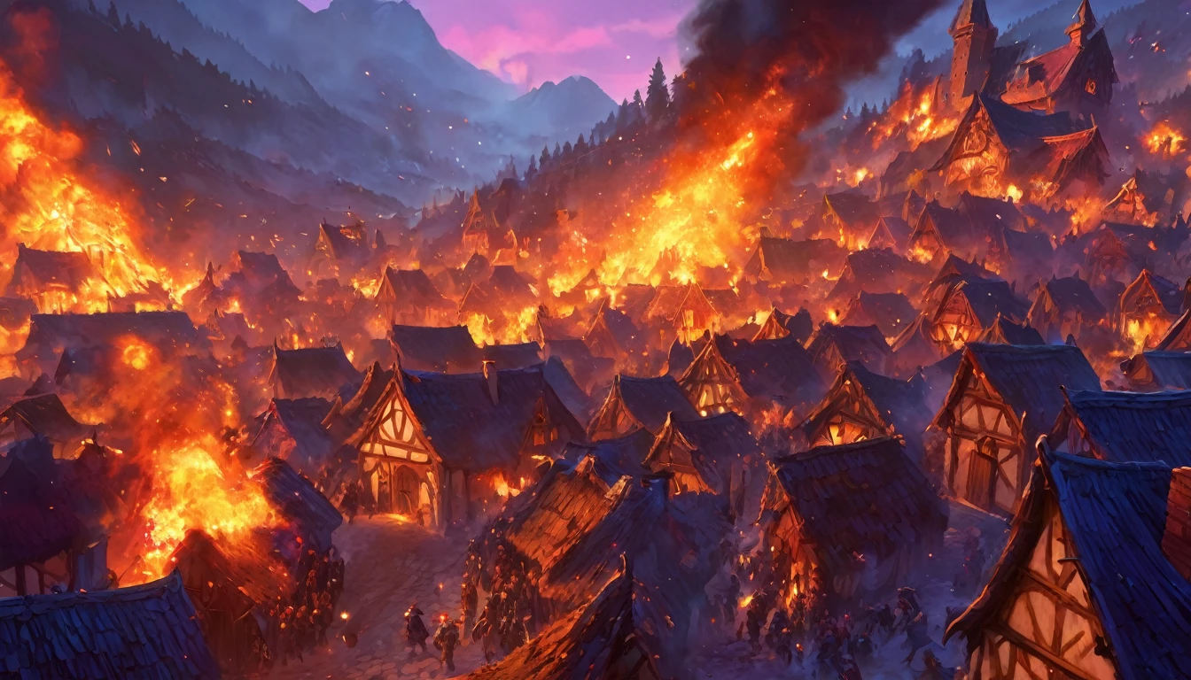 CLOSE UP village on fire, people screaming and monsters attacking
MEDIEVAL STYLE,high fantasy RPG style, League of Legends-inspired art style, dynamic poses, detailed facial features, cinematic lighting, vibrant colors, dramatic atmosphere, gritty realism, masterpiece, best quality, ultra-detailed, VALORANT