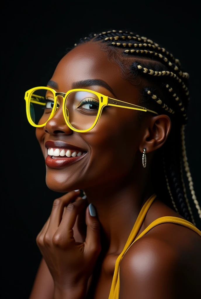 side view, look into the camera, professional photography, model pose,
flirty look, smile, portrait of a black pretty woman wearing yellow
and white braids, and neon glasses, black background