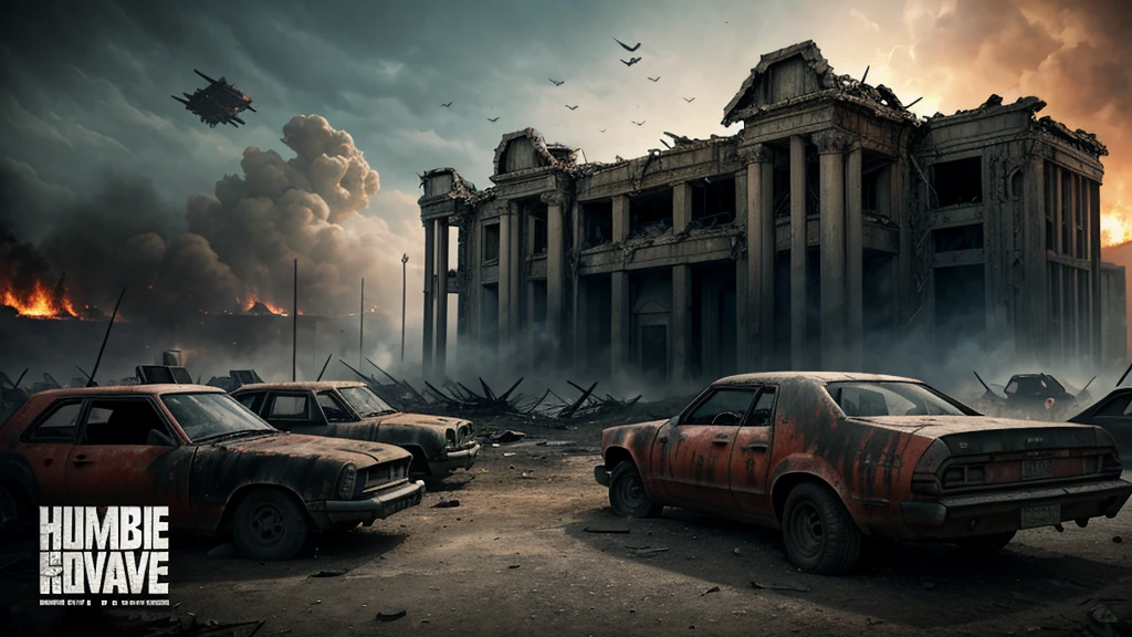 In a post-apocalyptic city, a desolate street is filled with broken-down cars and debris. The atmosphere is suffocating and eerie, with a sense of impending doom. The remnants of a destroyed building can be seen in the background, further emphasizing the devastation. The scene is dominated by a massive meteorite that has crashed into the center of the city, adding to the sense of disaster. The image is of the highest quality, with vivid colors and extreme detail. The lighting is dim, casting long shadows and creating a haunting ambiance. The overall color tone is desaturated, with a focus on muted grays and blues, enhancing the apocalyptic atmosphere.