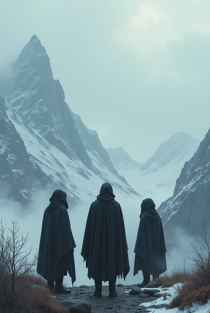 (Isolated humans) look over futuristic outpost into the mountain, in the style of dark hues, forest winter, coded patterns, sparse and simple, uhd image, urbancore, sovietwave, vastness of space, negative space, award-winning design.
