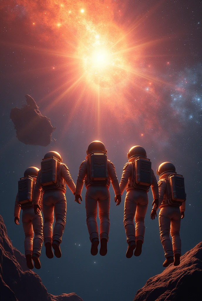 Astronauts being attracted by a blazar
They are scare
On the background there are Starz, cable and an spaceship broken
They are floating
There is an X planet