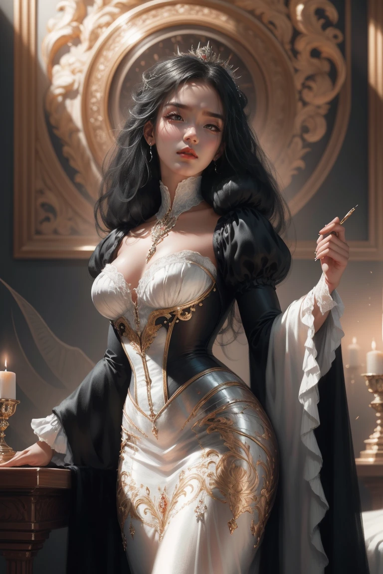 { - anatomy error}(Masterpiece - Ultra-detailed, very high resolution) Prepare to be enchanted by a true masterpiece that combines ultra-detailed art with high-resolution rendering. This work depicts a mesmerizing dark-skinned woman with long black hair. (1.3) and captivating gray eyes (1.2), emanating an aura of elegance and mystery in Victorian environments. Intricate details and realistic textures invite you to explore every aspect of this enchanting composition.. Woman wearing a beautiful classic Victorian costume from the year 1878. Red lips. happy face. smiling. white gown. going, writing, lying down, standing, on your back, dynamic poses. Get ready to dive into a world where beauty and craftsmanship merge perfectly.