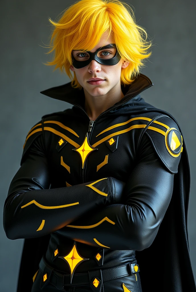 full full body photoRéaliste handsome hunky fractal masculin Teen titans yellow haired Dark boy.. portant un costume super en onyx noir, cristal transparent, verre chromé , regarde la caméra, parties du visage détaillées,, studio comme arrière-plan, pose libre, expression heureuse, Anatomie parfaite, corps symétrique,, 18 ans,  :: Détails élevés, un corps mince et athlétique, Réaliste, peau humaine, doigts extrêmement détaillés,  tchad menton,, masculin, peau humaine, (contact avec les yeux), magnifique, attractif. super renflements en action 