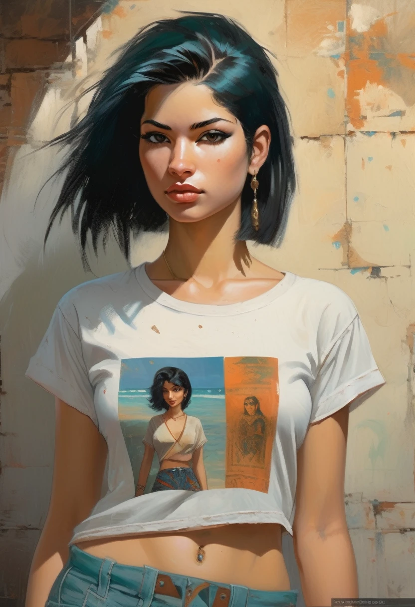 high-quality detailed image of a beautiful girl: (mestizo: facial features, Hindu: 0.2 : Egyptian: 0.3 : darna: 0.25 : selena quintanilla perez: 0.25) : pale skin, ((asymmetrical haircut)), high face detail : realistic : in T-shirt and shorts, (oil painting:0.75), (screensaver:0.75),(teal:0.2),(orange:0.2), (jeremy mann:0.5), (john constable:0.1), (yuri arkus:0.5),(acrylic paint:0.75), 8k