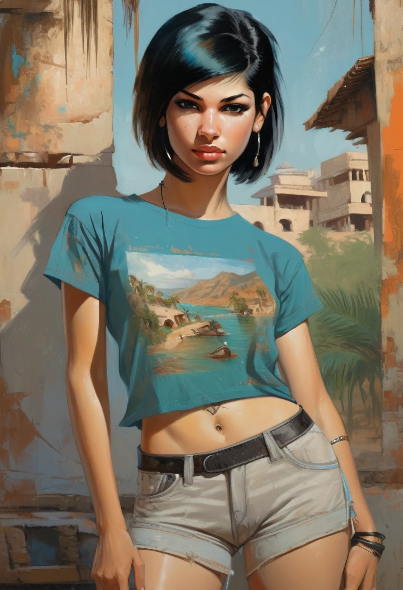 high-quality detailed image of a beautiful girl: (mestizo: facial features, Hindu: 0.2 : Egyptian: 0.3 : darna: 0.25 : selena quintanilla perez: 0.25) : pale skin, ((asymmetrical haircut)), high face detail : realistic : in T-shirt and shorts, (oil painting:0.75), (screensaver:0.75),(teal:0.2),(orange:0.2), (jeremy mann:0.5), (john constable:0.1), (yuri arkus:0.5),(acrylic paint:0.75), 8k