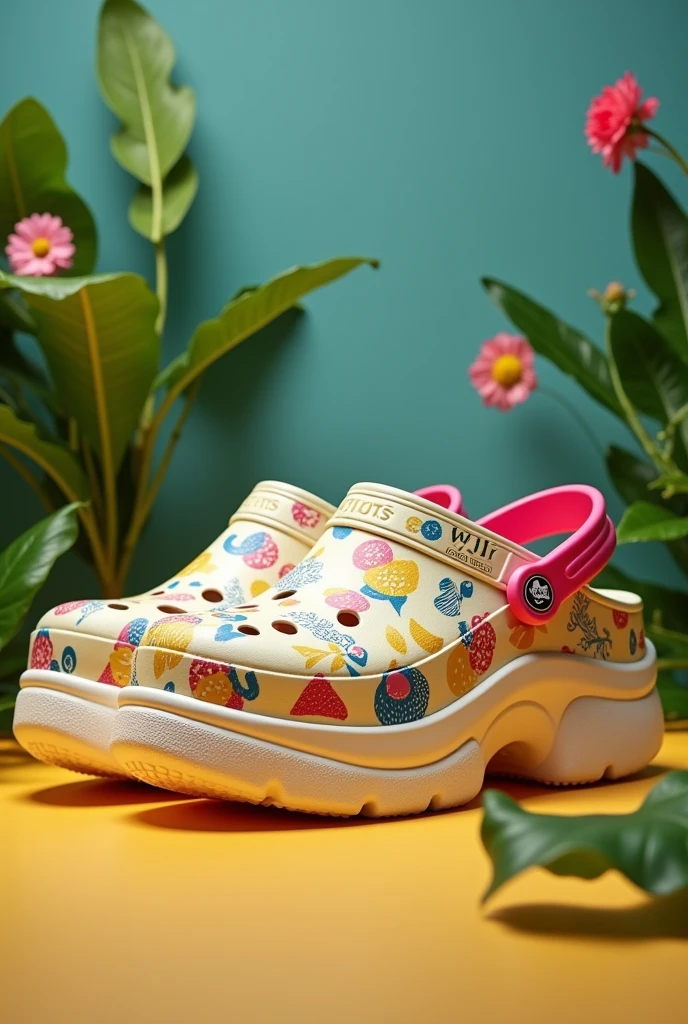 A Crocs shoe, platform, with a print in partnership with the Farm brand. using colors: yellow, offwhite, pink and blue

