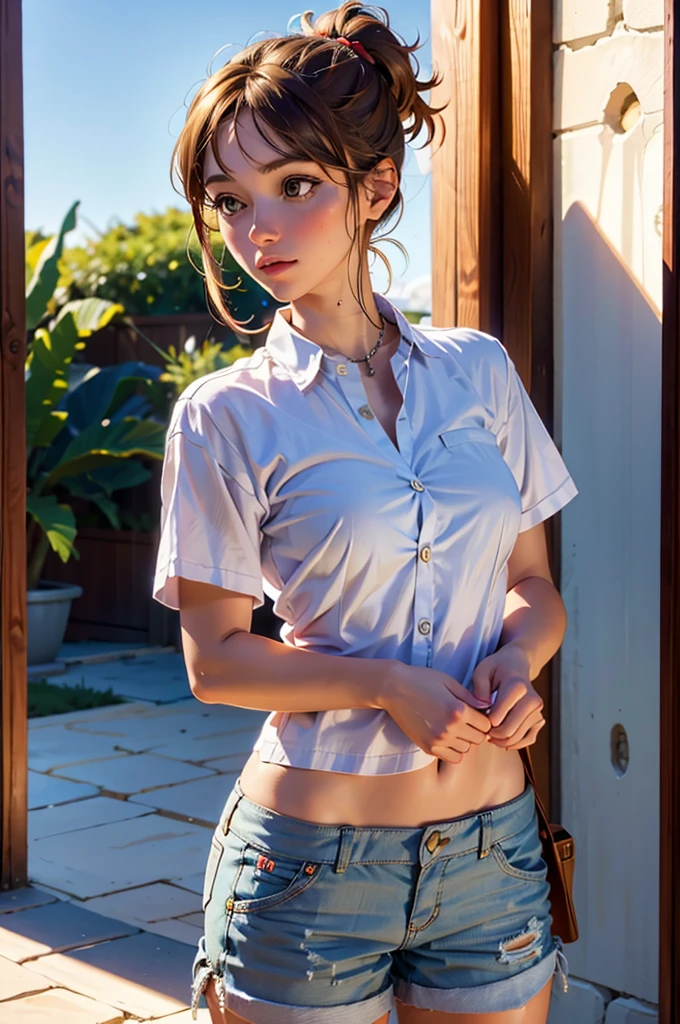 a woman wearing linen shirt and Bermuda shorts, sahara, (edge lighting:0.5) 