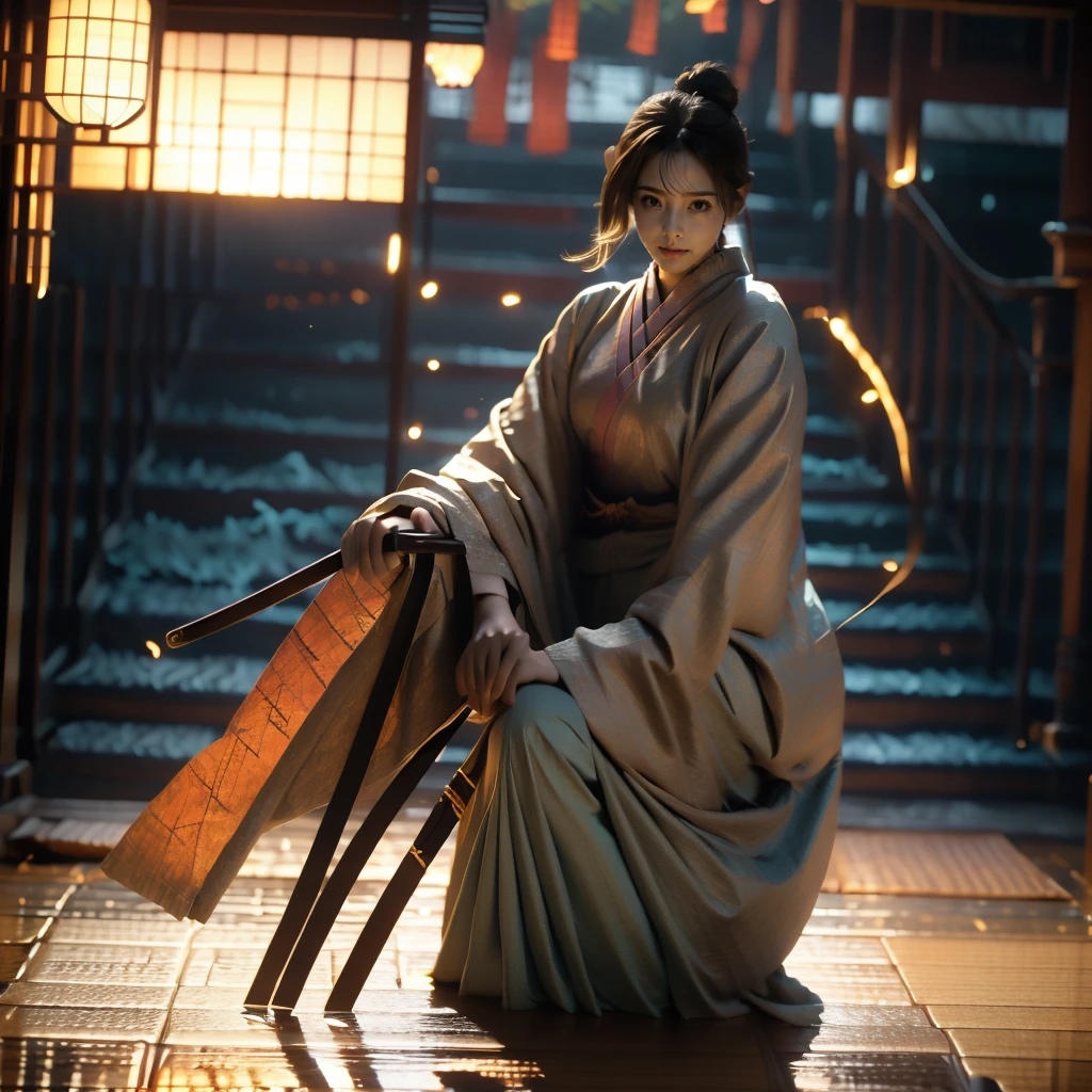 A lone samurai woman standing in a peaceful field at dusk, ready to draw her katana. She is wearing traditional samurai attire from the Sengoku period of Japan, consisting of a black and dark brown kimono-style robe with wide sleeves, tied with a dark obi around her waist. Her right hand is gripping the hilt of her katana, positioned near her waist as she prepares to draw it, while her left hand is steadying the sheath. Her posture is tense but focused, capturing the precise moment before action. Her hair is tied up in a traditional warrior style, and her face shows calm determination. The scene is set in a quiet field with tall grasses swaying gently in the wind, under the fading light of dusk. The color palette is soft and muted, with earthy tones for both the environment and her attire, and the background is simple, with birds flying in the distance."Additional Parameters:Style: Realistic, with a focus on action and tension in the poseLighting: Soft dusk lighting with warm, fading sunlight casting long shadowsColors: Dark black and brown tones for the attire, earthy and muted tones for the grass and skyComposition: The samurai woman centered, in a poised stance, with her katana halfway drawn, the quiet field around her creating a sense of serenity and focusEnvironment: Quiet field at dusk, soft wind moving the tall grass, birds flying in the distance