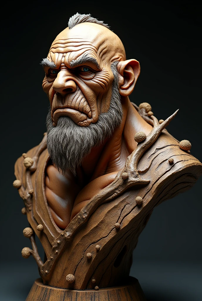 a highly detailed and intricate bust sculpture of an orc, masterfully carved from wood, with a striking portrait-like quality, capturing the weathered features and character of the orc, the wood texture prominently displayed, with a touch of fungus growing on the surface, creating an aged and earthy appearance, set against a dark charcoal background