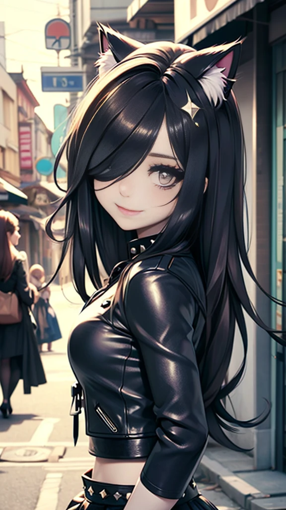 very young slim fit girl, full body shot, (rounded face:1.2), very long disheveled dark brown hair, (big brown eyes:1.2), shy smile, perfect flat breast, band on head with fake cat ears, parororo, eyelashes, ariawm, accurate snub nose, (very long strand of hair between eyes:1.3), wearing a studded leather jacket and tulle skirt, with dramatic makeup, summer street, old city, hair over one eye 