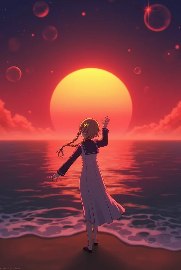 1girl, solo,smile, beach,(sunset:1.1),  akagi_rin(denchi-project), solo,  star hair ornament, twin braids,sparkle, from behind, looking back, huge sunset,red floating, uniform, night, waving, sea