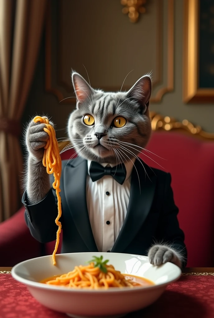 A grey cat wearing tuxedo, eating a soup noodle in a fancy hotel, detailed photo, high resolution photo, portrait photo