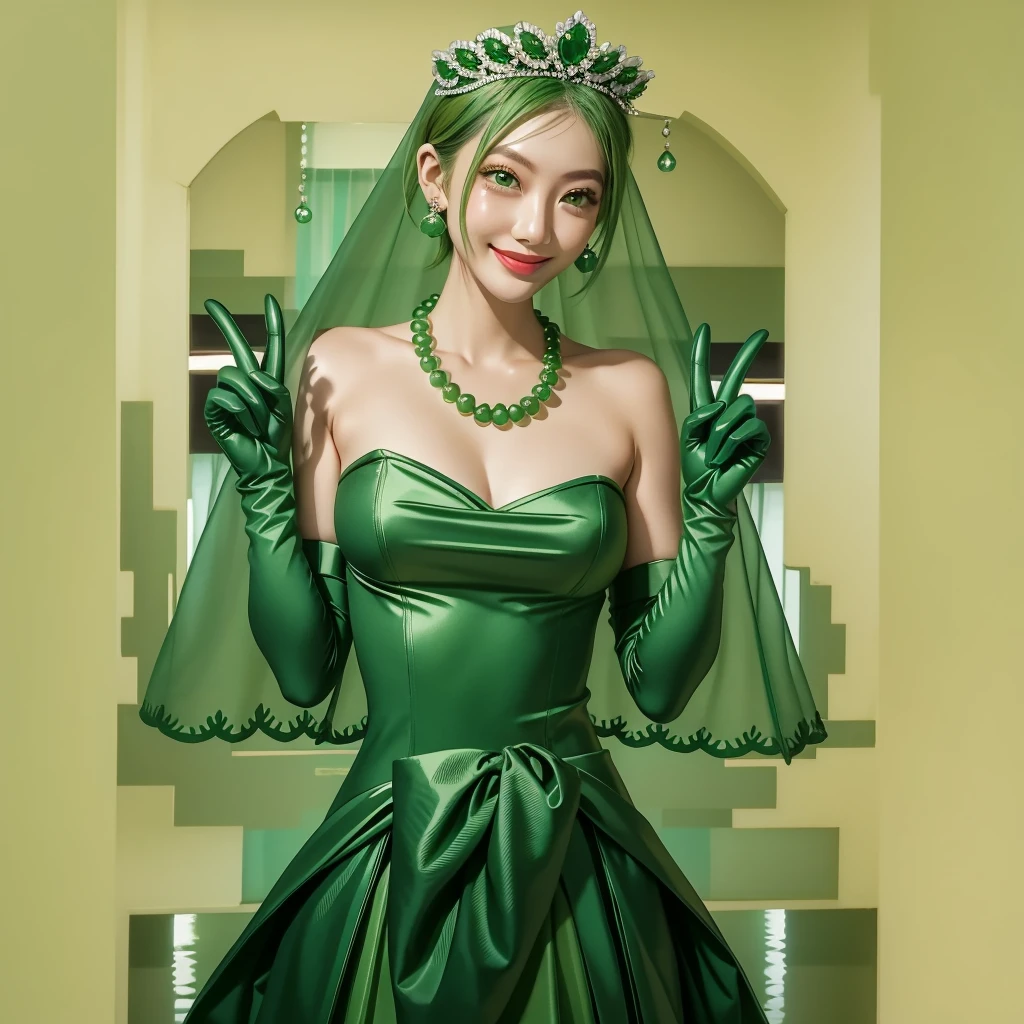 Emerald tiara, Green Pearl Necklace, ボーイッシュな非常に短いGreen Hair, Green Lips, Smiling Japanese woman, Very short hair, Busty beautiful lady, Green Eyes, Green satin long gloves, Green Eyes, Emerald Earrings, Green veil, all, Green Hair, Beautiful Japanese Woman, green lip gloss