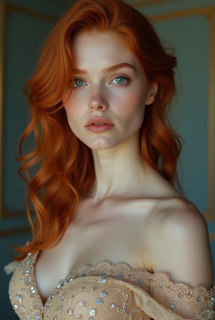 A ginger woman who has very long thick hair all the way to her hips, shes has very cute facial features and has dark blue eyes and shes wearing a gown, create a full size picture and make it realistic 