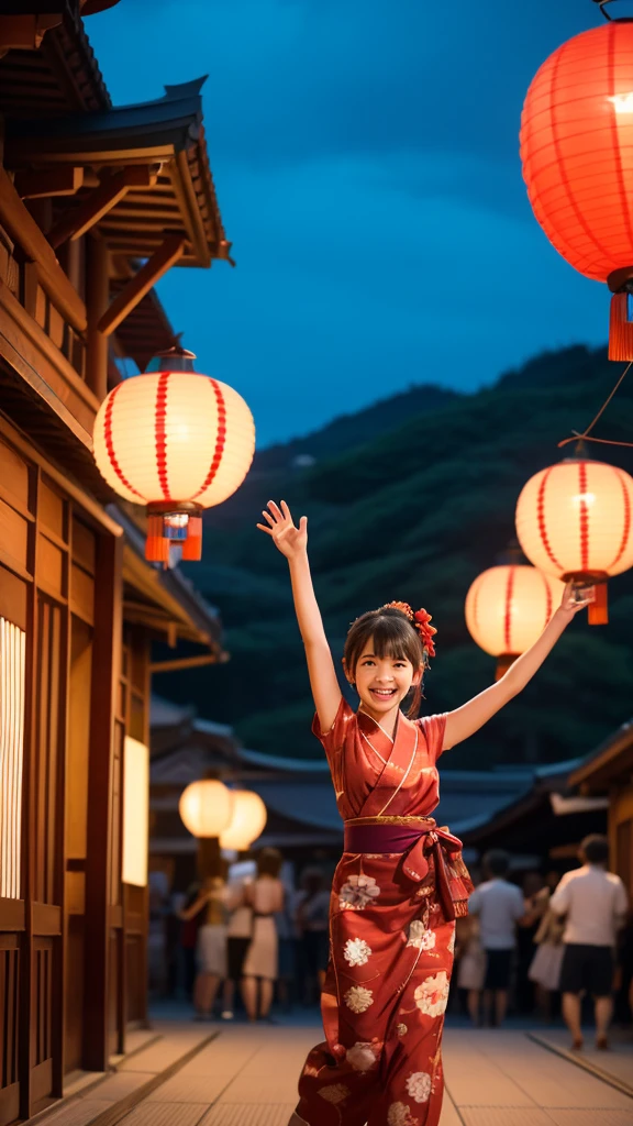 Night festival, drumming in the turret, Many red lanterns line up from the turret and shine red, a group of people wearing yukata singing Bon Odori songs, wearing a blue yukata, quiet dancing Japanese dance with their hands raised diagonally upwards, child 20 years old, one beautiful girl, very cute, long legs and slender , rich body