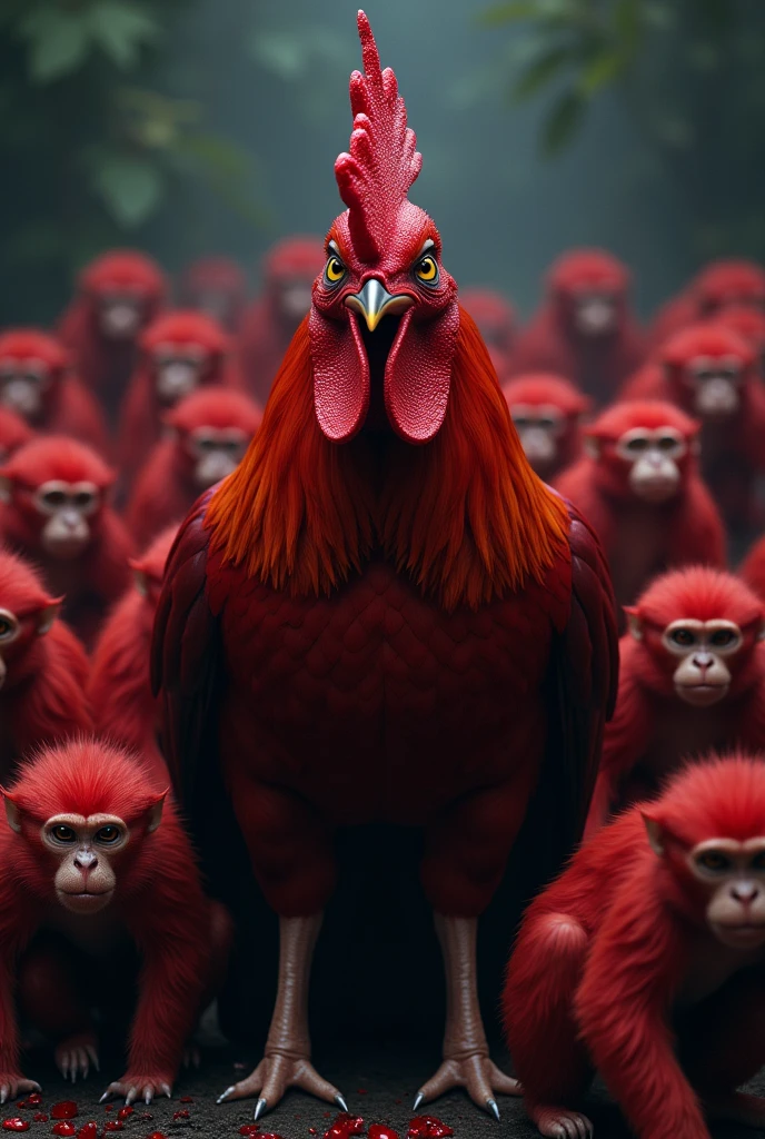 Red rooster with a sinister look and red monkeys as henchmen behind him