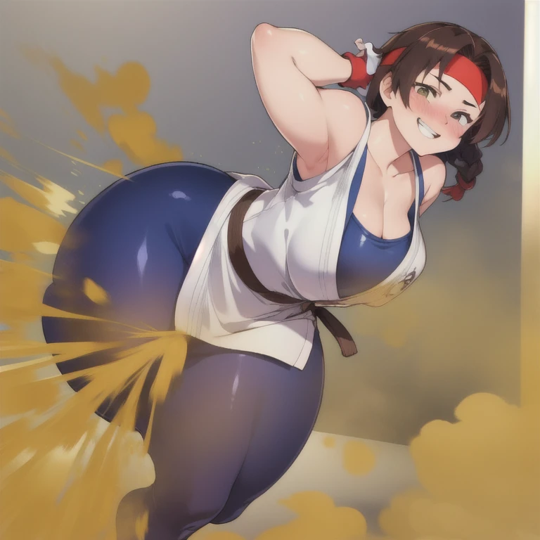 (masterpiece, best quality, high resolution, unity 8k wallpaper, extremely detailed CG:1), (illustration:1.0), 1girl,solo, yurims, headband, dougi, spandex, gloves, blush, hip attack pose, launching hip, farting, massive fart, Smiling, relieved face, alone at dojo
