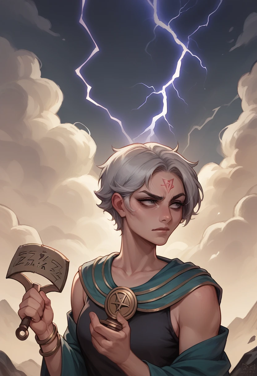 Zeus, old and silver-haired, holding a bolt of lightning in one hand while the other is raised, summoning a tempest. The setting is the peak of a rocky mountain, with dark clouds and lightning surrounding him, in the midst of a stormy night.