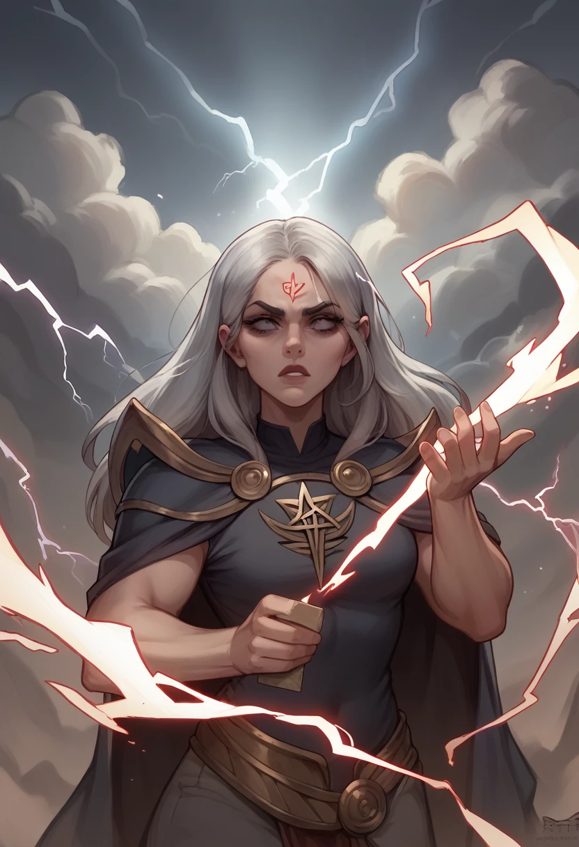 Zeus, old and silver-haired, holding a bolt of lightning in one hand while the other is raised, summoning a tempest. The setting is the peak of a rocky mountain, with dark clouds and lightning surrounding him, in the midst of a stormy night.