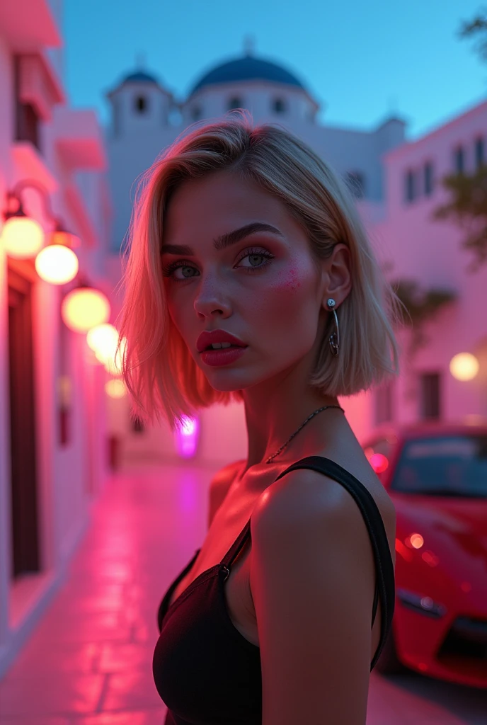 santorini, greece, cyberpunk style, , neon lights, cinematic lighting. Russian women big pumped lips red lipstick super big fake lips bob cut hairstyle blonde hair big green eyes forehead is slightly arched, giving my face a distinctive shape. It flows seamlessly into my high, defined eyebrows. The bridge of my nose is straight and symmetrical, leading up to a pointed tip. My nostrils are small and delicate, adding character without being overwhelming. My cheekbones are prominent, highlighting my large, round eyes even further. My jawline is strong and defined, giving my face a masculine edge despite its feminine features. My neck is long and graceful, flowing effortlessly into my shoulders. flower garden , big fake lips big size lip big pumped lips red lipstick cleavage sweat in forhead , Ferrari car , luxury car , chubby cheeks