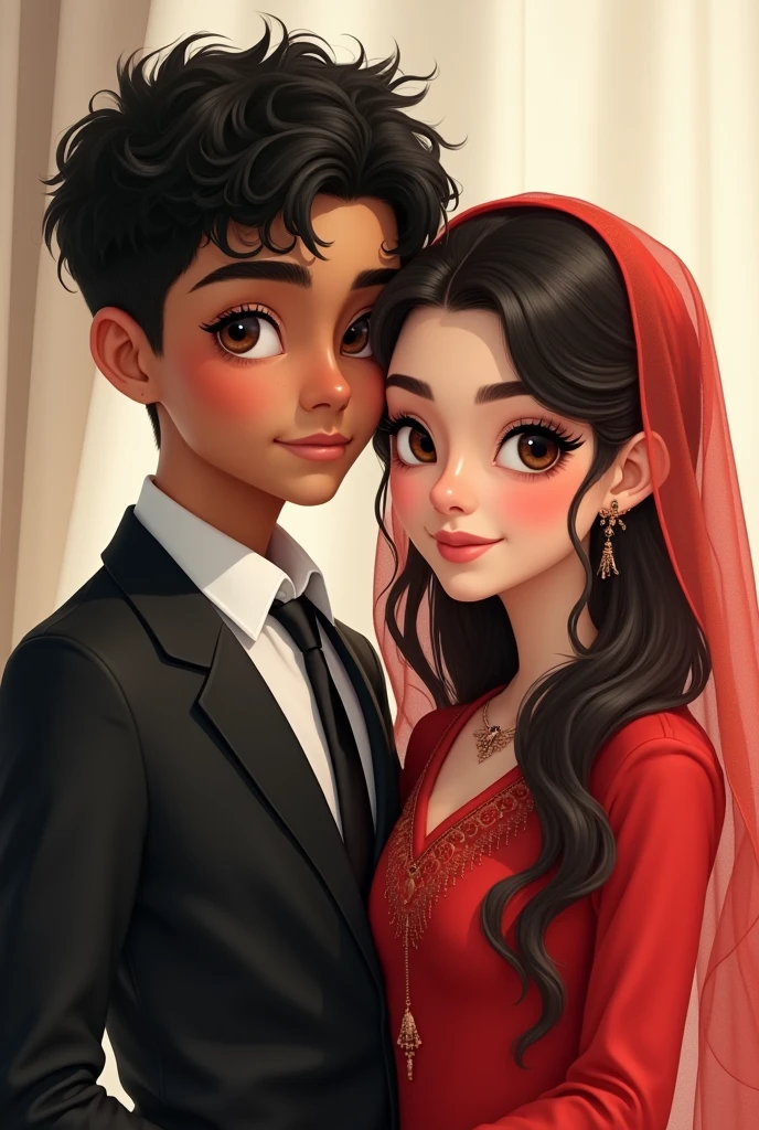 Cute boy with short Black curly hair with good eye lashes and black eyes and little tan colour with his girlfriend who is cute muslin girl with doe eyes and has mascara, his dress should be black and white in colour and her dress should be islamic red dress, posing for photo