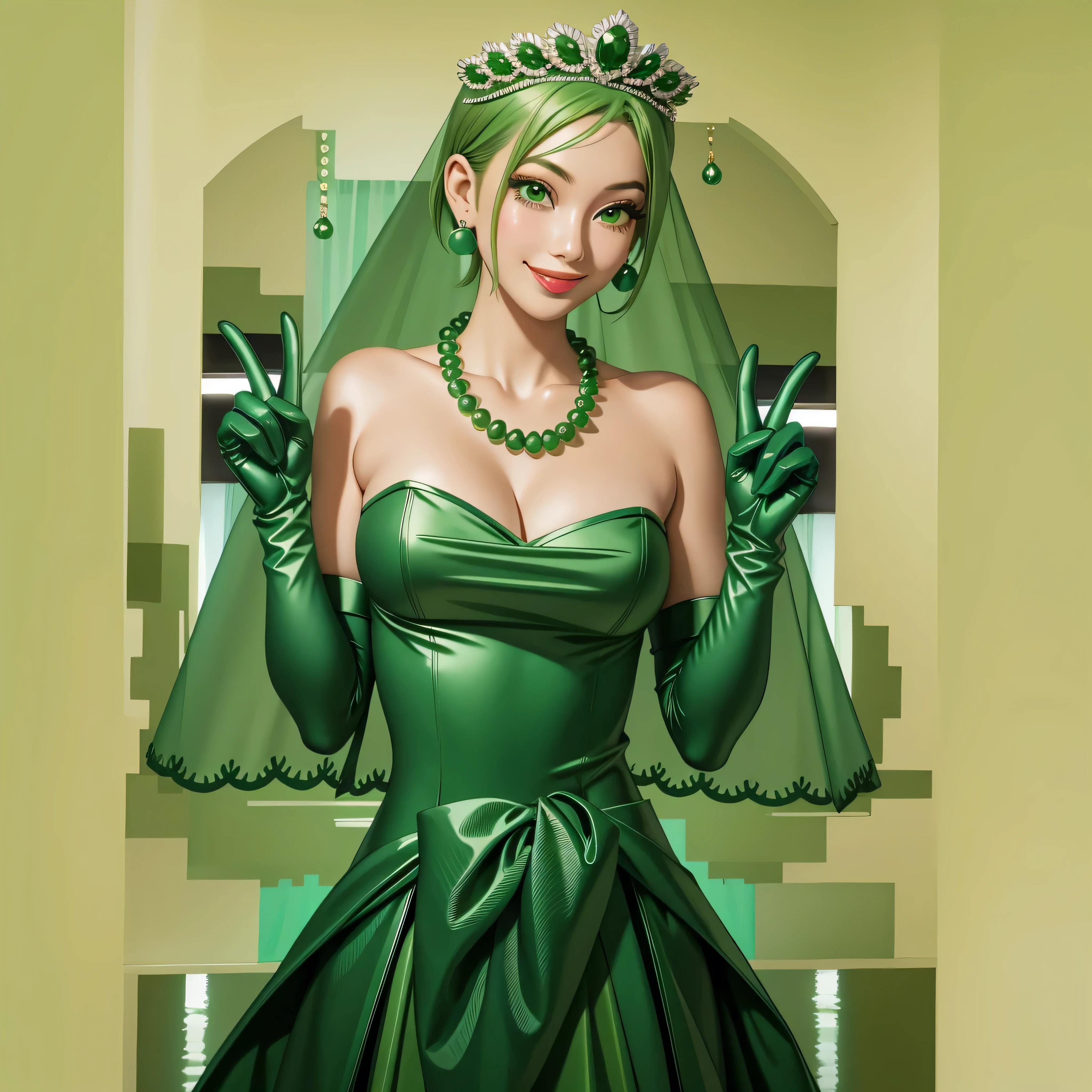 Emerald tiara, Green Pearl Necklace, Boyish very short green hair, Green Lips, Smiling Japanese woman, Very short hair, Busty beautiful lady, Green Eyes, Green satin long gloves, Green Eyes, Emerald Earrings, Green veil, all, Green Hair, Beautiful Japanese Woman, green lip gloss