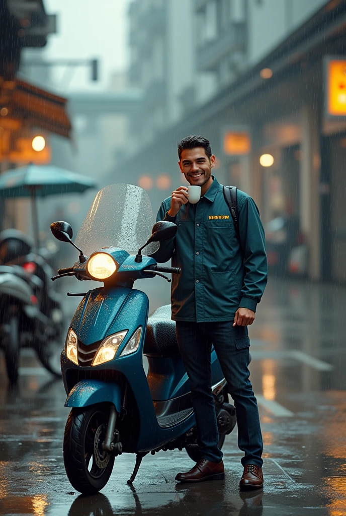 Delivery man, arriving at the MOTOS PARKING parking lot, all wet to leave his motorcycle parked.
He is smilingly drinking a cup of coffee that the parking lot offers for free.