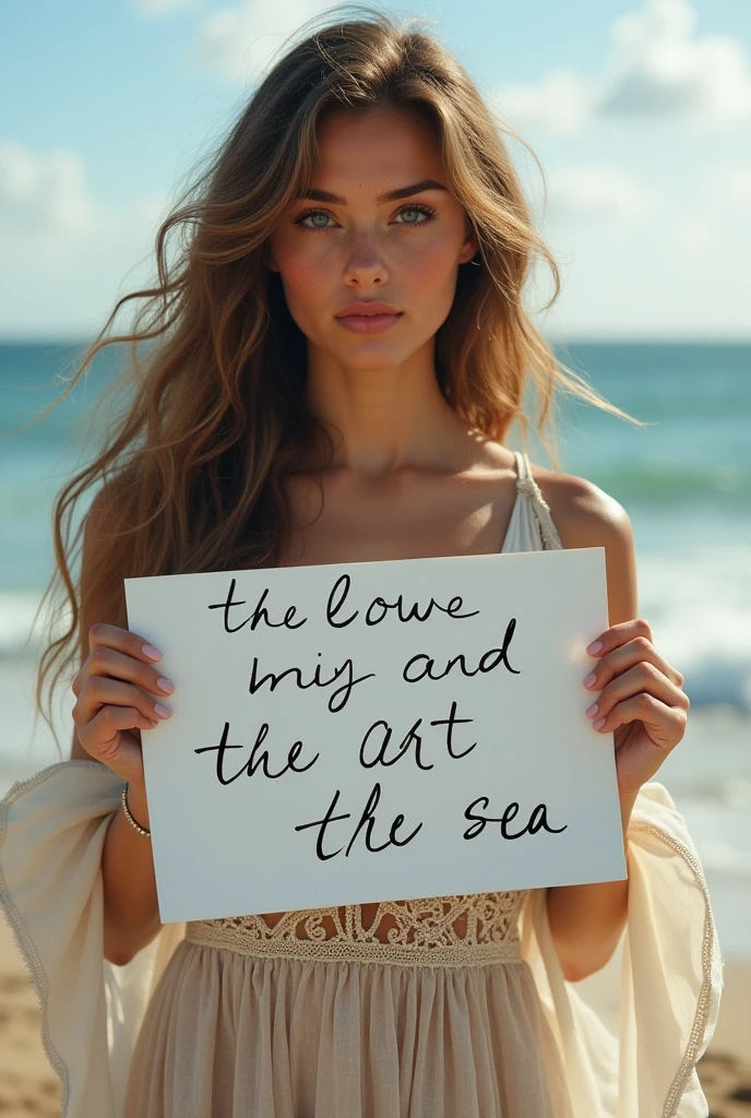 Beautiful girl with wavy long hair, bohemian dress, holding a white board with text "I Love Seaart Infinity" and showing it to the viewer