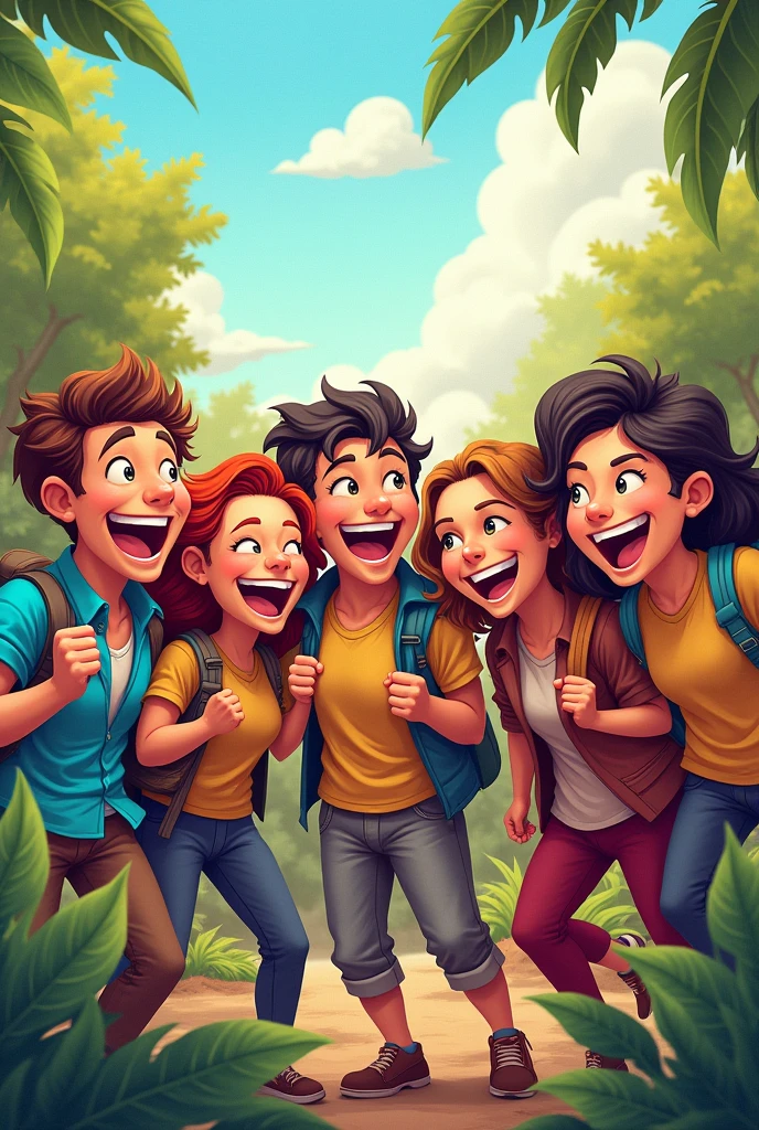 Cartoonish drawing of a team coming together for fun trip canvas