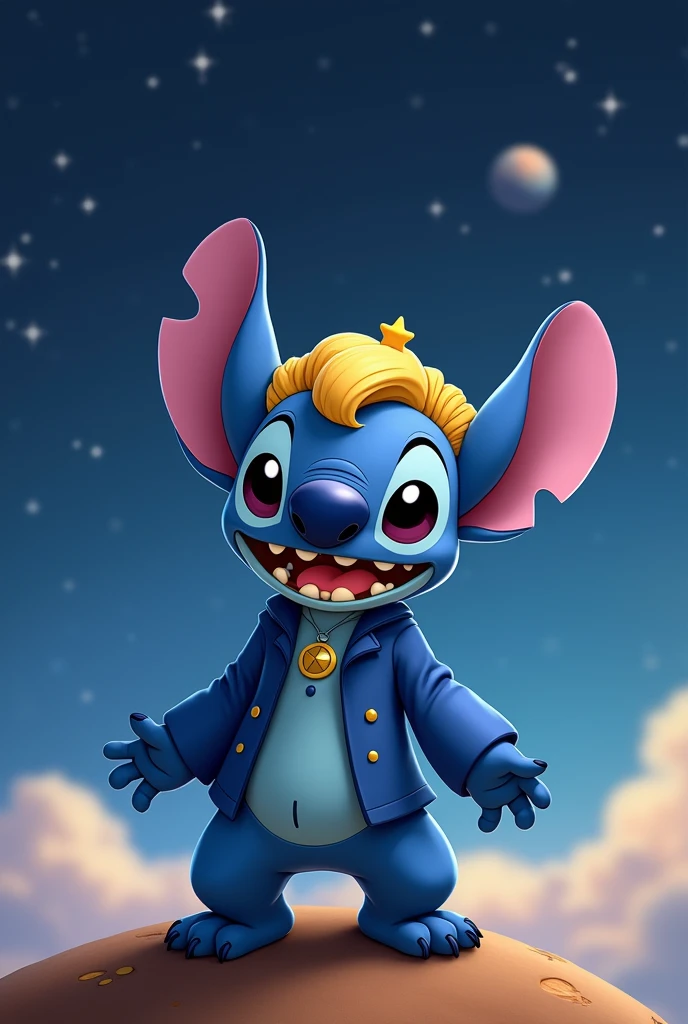 Stitch dressed up as the Little Prince with the blue suit