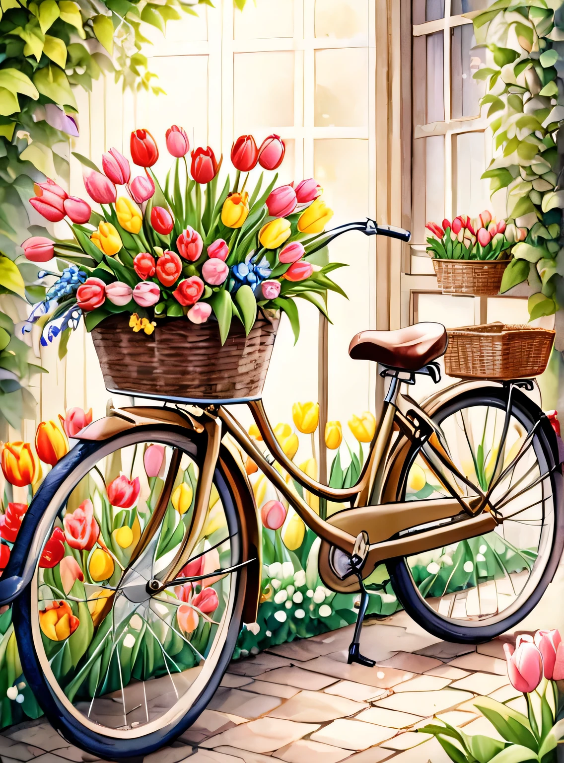      masterpiece, Beautiful detailed ultra high definition beautiful art with a beige bicycle，A bicycle with a basket of flowers in front of it. Hand-painted with a brush and watercolor. Perfect ??????? of tulips, Beautiful Garden, bicycle, Beautiful flowers, Dutch style,Strange and cute, Flowers everywhere, spring, Beautiful digital artwork for the garden, Detailed 4k, Very detailed numbers, Soft and rich colors, Gorgeous numbers