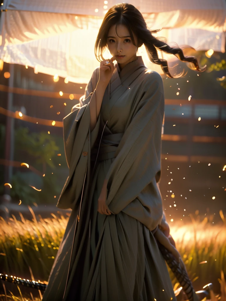 A lone samurai woman standing in a peaceful field at dusk, ready to draw her katana. She is wearing traditional samurai attire from the Sengoku period of Japan, consisting of a black and dark brown kimono-style robe with wide sleeves, tied with a dark obi around her waist. Her right hand is gripping the hilt of her katana, positioned near her waist as she prepares to draw it, while her left hand is steadying the sheath. Her posture is tense but focused, capturing the precise moment before action. Her hair is tied up in a traditional warrior style, and her face shows calm determination. The scene is set in a quiet field with tall grasses swaying gently in the wind, under the fading light of dusk. The color palette is soft and muted, with earthy tones for both the environment and her attire, and the background is simple, with birds flying in the distance."Additional Parameters:Style: Realistic, with a focus on action and tension in the poseLighting: Soft dusk lighting with warm, fading sunlight casting long shadowsColors: Dark black and brown tones for the attire, earthy and muted tones for the grass and skyComposition: The samurai woman centered, in a poised stance, with her katana halfway drawn, the quiet field around her creating a sense of serenity and focusEnvironment: Quiet field at dusk, soft wind moving the tall grass, birds flying in the distance