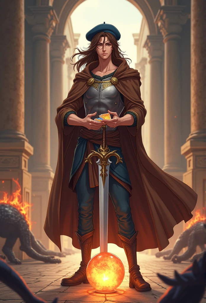 Anime Handsome Boy Realistic Face、8K Ultra、fully body photo、Blue beret、Long brown T-shirt、Silver breastplate、Wearing a brown cloak、、Gray protector、Gray boots、Greek palaces、Hold 4 tarot cards、The card glows faintly.、Magic flames are burning、A large crystal ball is placed on the ground、The sword of the brave is stuck in the ground、 Several corpses of monsters are falling（In the back、）