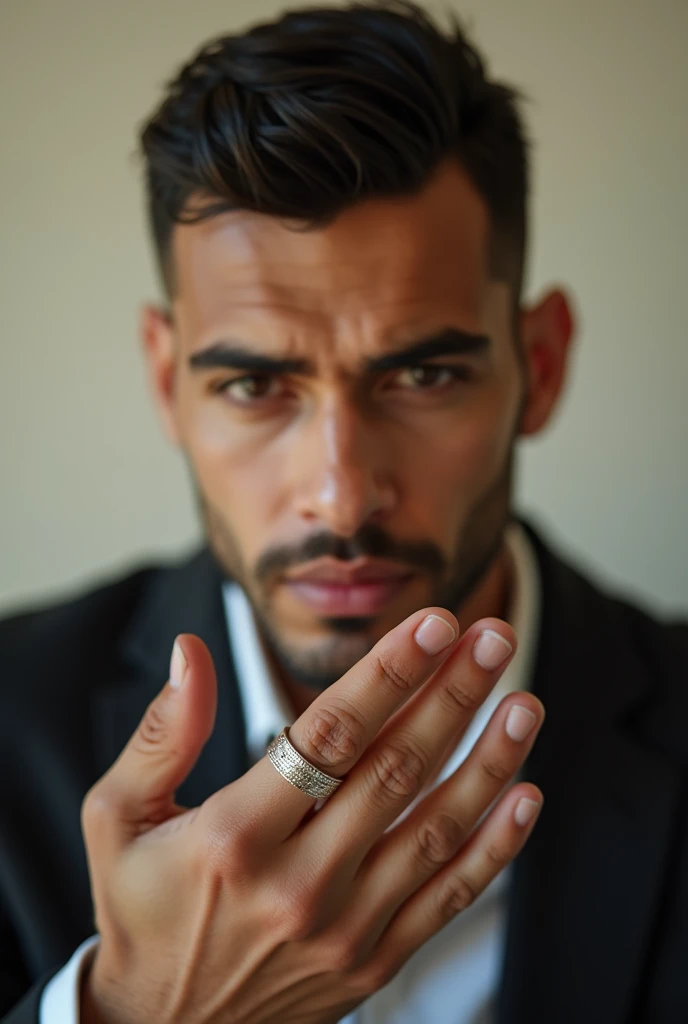 a handsome Brazilian man with a low fade haircut showing his wedding band asking for silence