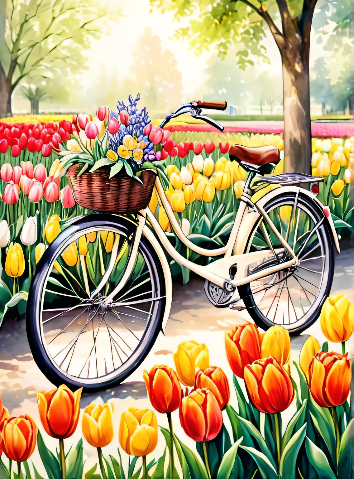masterpiece, Beautiful detailed ultra high definition beautiful art with a beige bicycle,A bicycle with a basket of flowers in front of it. Hand-painted with a brush and watercolor. Perfect anatomy of tulips, Beautiful Garden, bicycle, Beautiful flowers, Dutch style,Strange and cute, Flowers everywhere, spring, Beautiful digital artwork for the garden, Detailed 4k, Very detailed numbers, Soft and rich colors, Gorgeous numbers