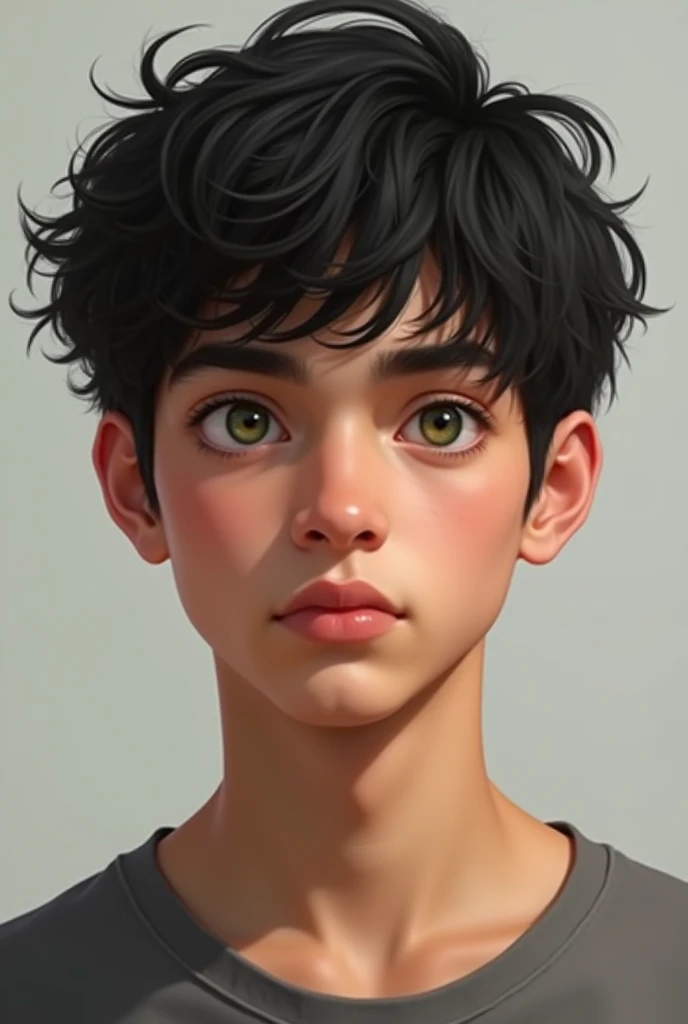 A 16 year old teenager, man, not very long black hair and green eyes, white skin of Colombian nationality, half gringo and very realistic
