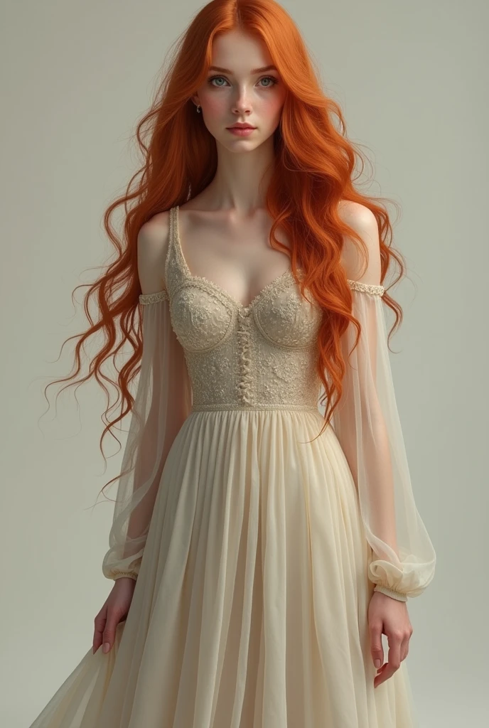 A ginger woman who is in her teens and has very long thick hair the length is to her hips, shes has very cute facial features and has dark blue eyes and shes wearing a gown, create a full size picture and make it realistic