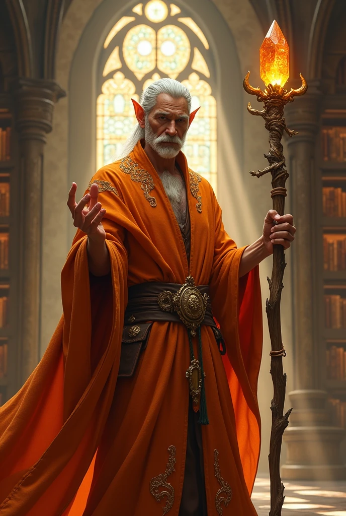 Half-elf male wizard with orange robes
