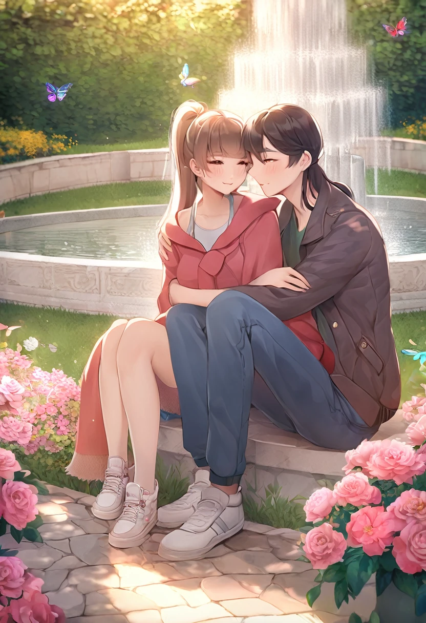 Full Body) A pair of Korean men with shoulder length hair in a ponytail wearing a jacket and an Korean woman with long hair with bangs, wearing short jeans, pashmina, sneakers) they are sitting, hugging, smiling, their faces are focused on the camera. in a garden with fountains and flowers, butterflies flutter in the wind, capturing the romance with soft and romantic light reflections that look natural. Full HD 35k resolution., photo