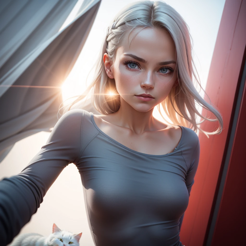 Nordic woman, minimalist clothes, situated under a vibrant and bright sun, Made of electric light coming out of the eye, touch of red , compose with a wide open lens, low angle perspective, emulate a professional camera, f/5.Opening 6, sharp focus, Ampliar em Close Up, kitten_Contour