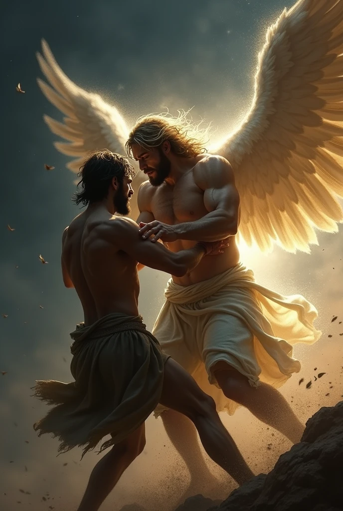 imageio: "Jacob Lutando com o angel"
Crie uma cena dramática e intensa de Jacob lutando com um anjo em uma batalha física e espiritual. The image should capture the pivotal moment of the struggle during the night, with the dark sky and only the soft light of dawn beginning to appear in the background.
detaileds:
Personagens:
Jacob: A strong and determined man, clad in simple, worn clothes, showing signs of exertion and pain. His expression should reflect a blend of determination and agony.
angel: A towering celestial being, with majestic wings and a soft aura of light emanating from him. The angel should have a posture of strength, but also an expression of compassion and