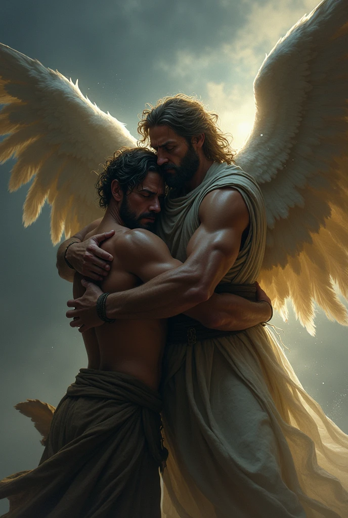 imageio: "Jacob Lutando com o angel"

Crie uma cena dramática e intensa de Jacob lutando com um anjo em uma batalha física e espiritual. The image should capture the pivotal moment of the struggle during the night, with the dark sky and only the soft light of dawn beginning to appear in the background.

detaileds:

    Personagens:
        Jacob: A strong and determined man, clad in simple, worn clothes, showing signs of exertion and pain. His expression should reflect a blend of determination and agony.
        angel: A towering celestial being, with majestic wings and a soft aura of light emanating from him. The angel should have a posture of strength, but also an expression of compassion and 