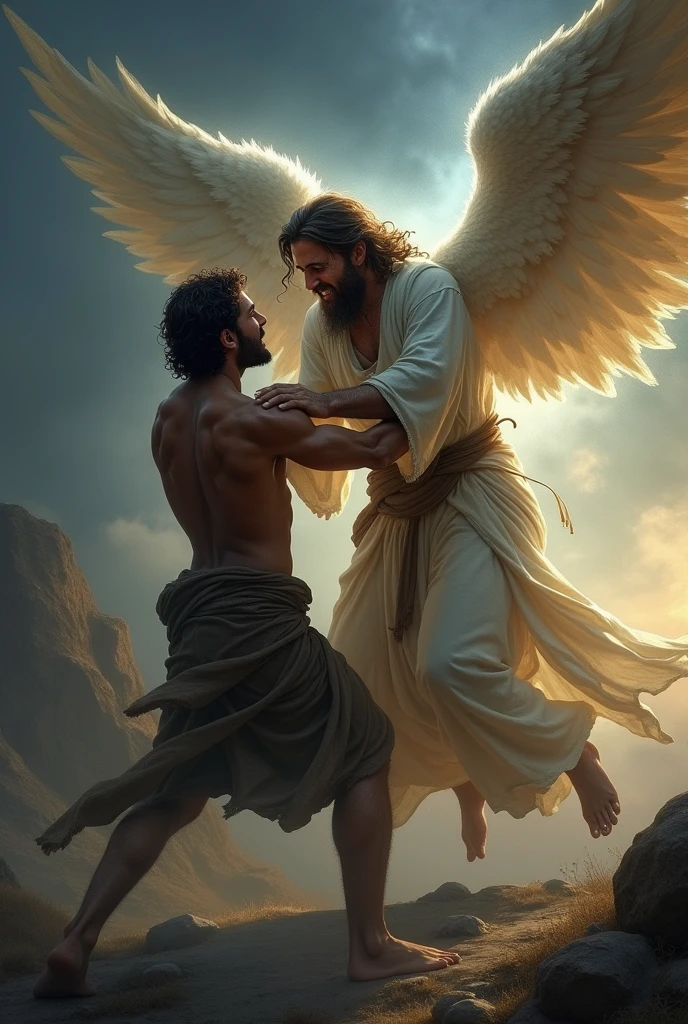 imageio: "Jacob Lutando com o angel"
Crie uma cena dramática e intensa de Jacob lutando com um anjo em uma batalha física e espiritual. The image should capture the pivotal moment of the struggle during the night, with the dark sky and only the soft light of dawn beginning to appear in the background.
detaileds:
Personagens:
Jacob: A strong and determined man, clad in simple, worn clothes, showing signs of exertion and pain. His expression should reflect a blend of determination and agony.
angel: A towering celestial being, with majestic wings and a soft aura of light emanating from him. The angel should have a posture of strength, but also an expression of compassion and