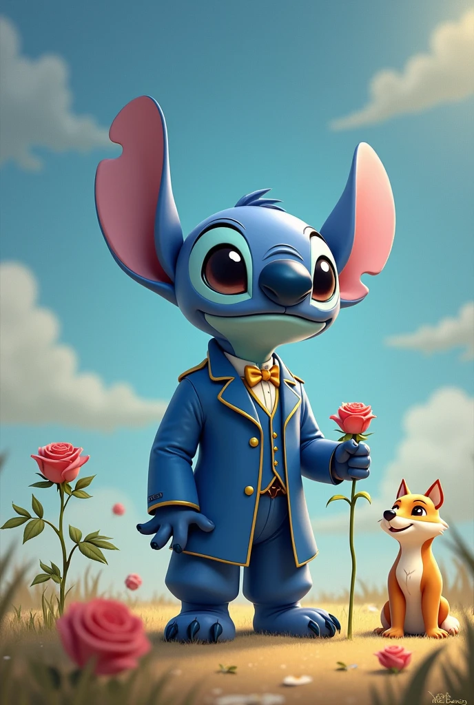Stitch dressed as a little prince with the blue suit and the rose and the fox