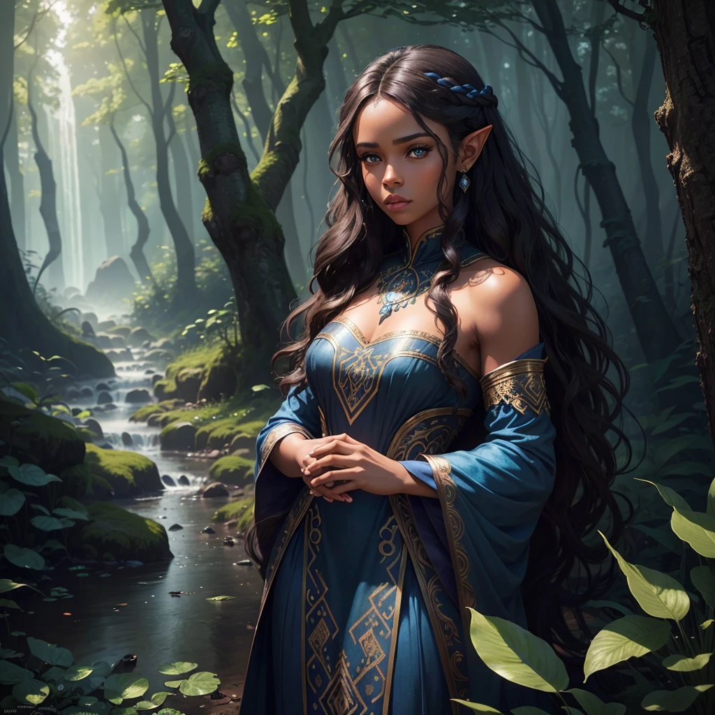 A beautiful black woman with wavy brown hair, blue eyes and pointed ears, 1 girl, high-detailed face, intricate hairstyle, Elegant Blue Dress, ethereal forest background, cinematic lighting, dramatic colors, Fantasyart, photorrealistic, 8k, best qualityer, Masterpiece artwork.