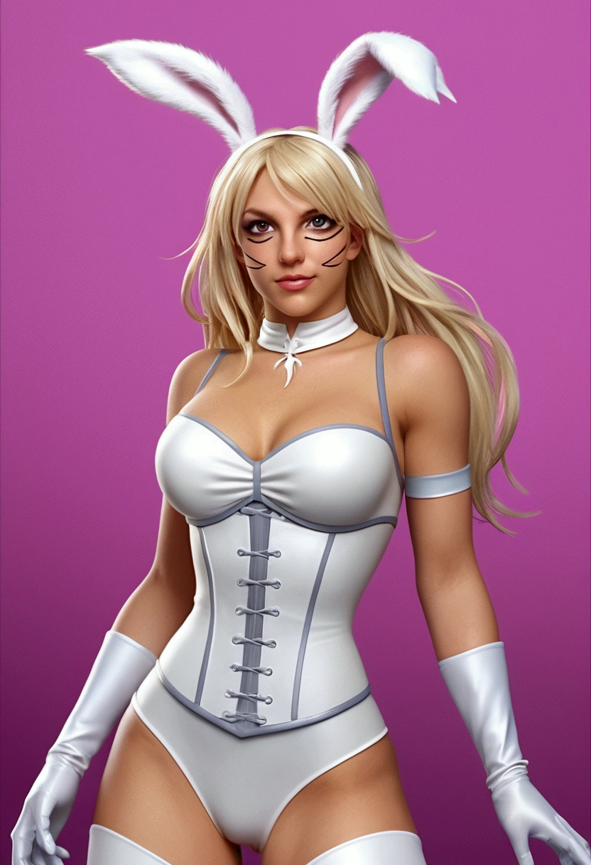 Britney Spears in bunny ears and a corset, white catboy, gwen spider, white fox, spider-gwen, spider - gwen, Bunny Lola fanart, Little bunny, Betty Cooper, attractive catboy, neferpitou, catboy, comic character, sil of the species, anime barbie in white stockings, catgirl, white rabbit, best quality, realisitic, realisitic, award-winning illustration, (Highly detailed texture of face and skin), (all-body), (Complicated Detail: 1.2), (fine-details), (Complicated Detail), (Cinematic Lights, luz de fundo de best quality), Sharp lines, sharp focus, offcial art, unity wallpaper 8k, absurdrez, unbelievably absurd, huge filesize, ultra-, Fantasyart, RTX,((close-up photos from the award-winning studio)), , (escape), , perfect hands, beautiful detailed eyes, face perfect