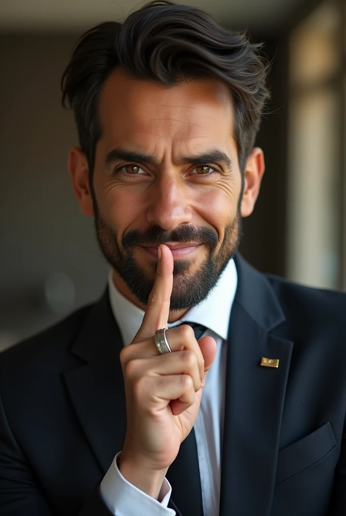 a white Brazilian man showing his wedding ring asking for silence with his finger in his mouth